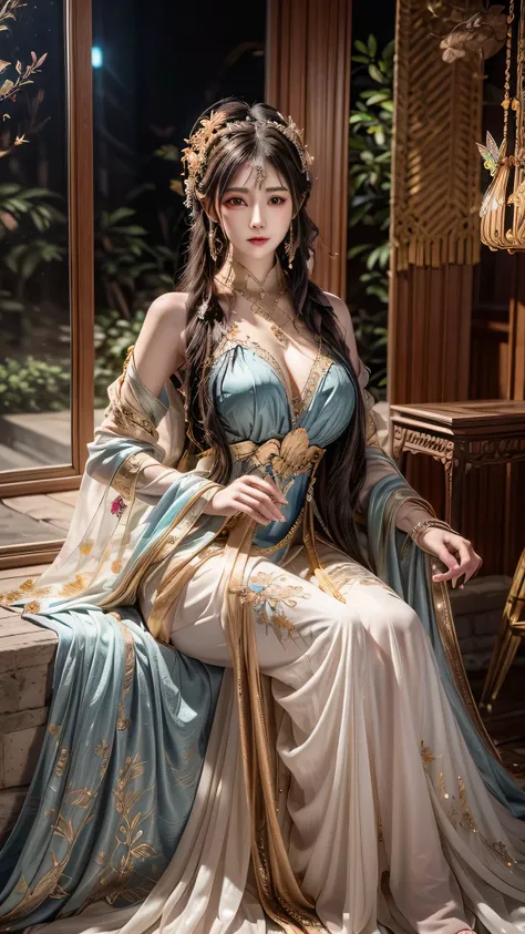 An intricately detailed digital painting featuring a young woman with long, braided blue hair, adorned with golden accessories and delicate butterflies. She wears a semi-transparent, flowing gown with gold and jewel embellishments, including a choker. The ...