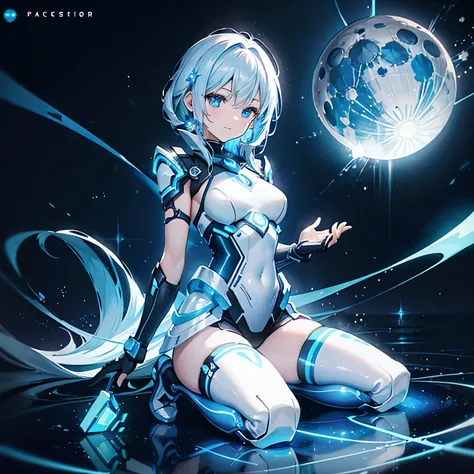 ((Holographic glow effect)),8k, Highest quality, (real:1.4), Original photo, 1 girl, Asari Hair, Biological Amplifier, Very sleek and futuristic armor, posture: Peace talks between warring factions,,attention arousal, smart blue eyes,A modest smile,Knee-hi...