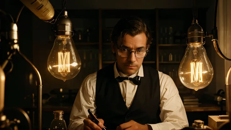 "An image of a man in late 19th-century attire, including glasses, in a laboratory filled with light bulbs and experimental equipment. He is testing new light bulbs with failed experiments scattered around." HD

