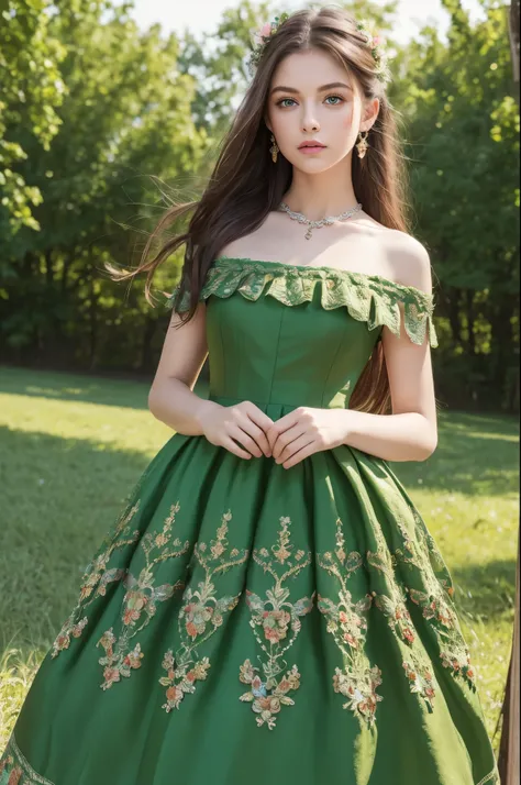 (8k, RAW Photos, Highest quality, masterpiece:1.2), (Realistic, photo-Realistic:1.37),One girl, dress, Green Eyes, Long Hair, super detailed cloth, beautiful decoration on dress,