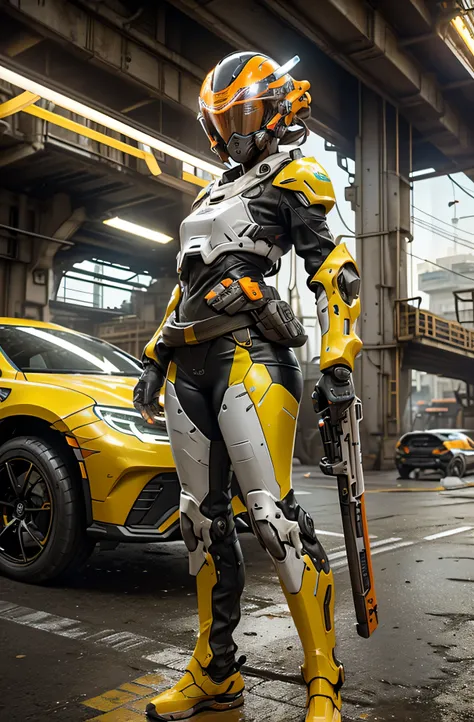 woman with rusted yellow glossy armor, green neons light stripes, power bank at the back, LED lamps on the chest, wearing white helmet with round google. she hold a red laser riffle. background futuristic city with floating cars. background color yellow an...