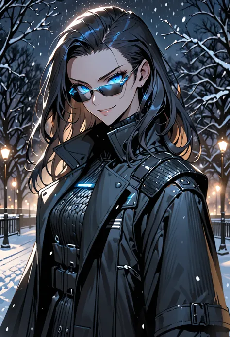solo, female, tall, glowing blue eyes, slicked back hair, long hair, oversized black trench coat, bullet-proof vest, smirk, black gloves, snow, park, night, JC Denton, subtle circuitry pattern on sideburns, sunglasses