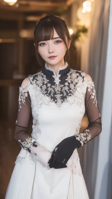 1women,
BREAK bare shoulders, black gloves, chinese clothes, claw ring, detached sleeves, dress, elbow gloves, frilled sleeves, frills, fur collar, gloves, jewelry, pelvic curtain, sleeveless, sleeveless dress, white dress,
BREAK looking at viewer, full bo...