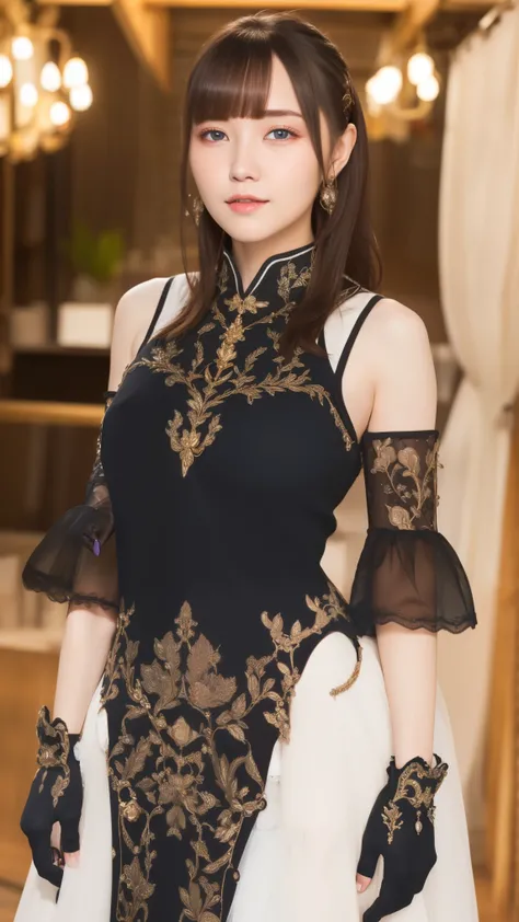 1women,
BREAK bare shoulders, black gloves, chinese clothes, claw ring, detached sleeves, dress, elbow gloves, frilled sleeves, frills, fur collar, gloves, jewelry, pelvic curtain, sleeveless, sleeveless dress, white dress,
BREAK looking at viewer, full bo...