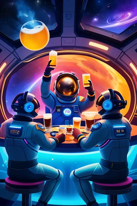 "A playful, whimsical illustration of four astronauts around a table inside a futuristic spaceship, each holding and raising beers in a toast, with joyful expressions and floating among colorful buttons, screens, and glowing lights, in the style of vibrant...