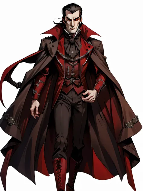 strahd von zarovich, vampire, long hair, male focus, full body portrait, widow's peak, forehead, steampunk coat, red high-collar...