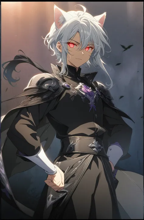 ((One Man)),(Androgynous male),(Cat ear),Anime character with white hair and black costume is holding a sword, Beautiful androgynous prince, (Red eyes_Glowing Eyes:1,3), Highest quality,Man with cat ears,Handsome,Detailed Anime Character Art,