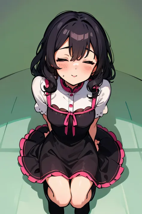 Amazing portrait of a sexy and cute woman with medium length black curly hair gazing and smiling at us seductively as she blushes hard wearing a knee-length pink short sleeved dress 