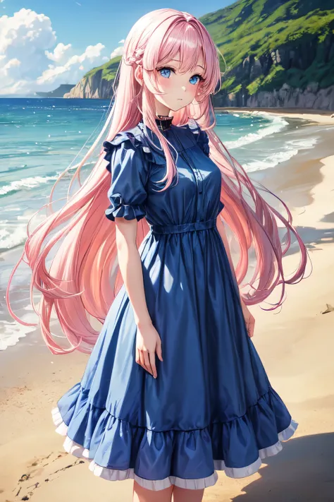 Woman with long, flowing hair Light pink hair, slicked to the right side. Blue eyes, shy face, wearing a dress, standing at the seaside