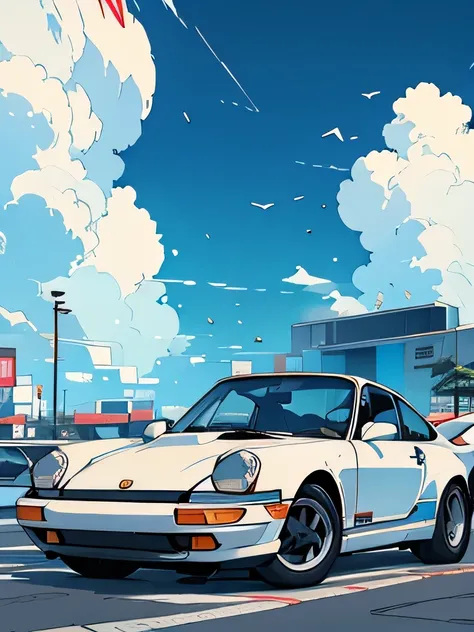 graphic design, Drawn with clear lines, Hideto Suzuki art style, City Pop Style, Blue sky and white clouds, Clear lines, Flowing, thick lines, White Porsche 911, Minimalist Geometry, No humans, 細いLine art, Line art, figure, Vivid and saturated colors,