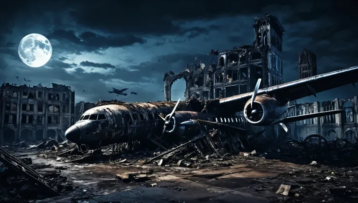 surrealism gothic dark city night post apocalyptic plane destroyed and abandoned at night