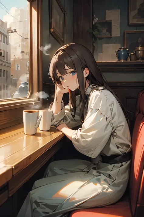 A woman with long hair is sitting sideways in a cafe with a cup of steaming coffee in her hand，he faces the window，There is a book on his desk，He looked out the window and drank the coffee in his hand，It&#39;s raining outside the window，The style is Hayao ...