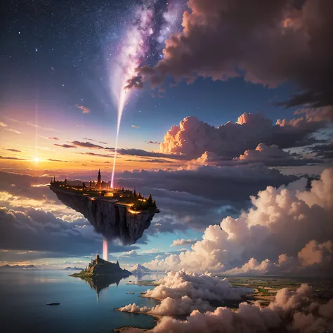 (8k, highest quality, masterpiece, final fantasy style: 1.2), (unRealistic, photoRealistic: 1.37), Dreamy landscape, Fantasy, Unsurreal landscapes, Super detailed, Flying Castle, Floating Island in the Sky, Seven-colored swirl of light, Intense lightning, ...