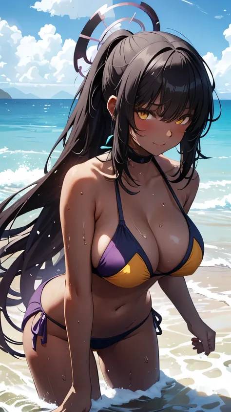 Masterpiece, Best quality, (at the beach), long black hair, ponytail, halo, bangs, yellow eyes, (( Purple Bikini )), big tits, blushing, laugh, wet, (splashing water), beauty face, (beauty blue skies with cloudy), soft lighting