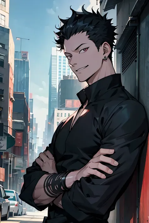 man, white skin, smile, black hair, iron bracelets, black blouse, jujutsu kaisen, city in the background