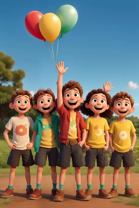 Create a Pixar-style image with "6 children of different ages, ranging from 6 to 9 years old", "very close to each other", all happy. Each  should have a different facial expression, conveying joy and innocence, with wide smiles and bright eyes. They shoul...