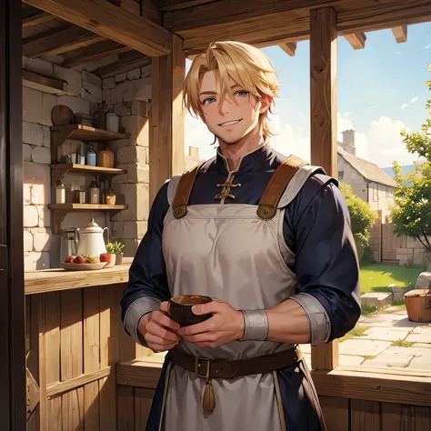 medieval farmer, muscled physique, square jaw, blonde hair, smiling kindly at me, inside medieval farmhouse