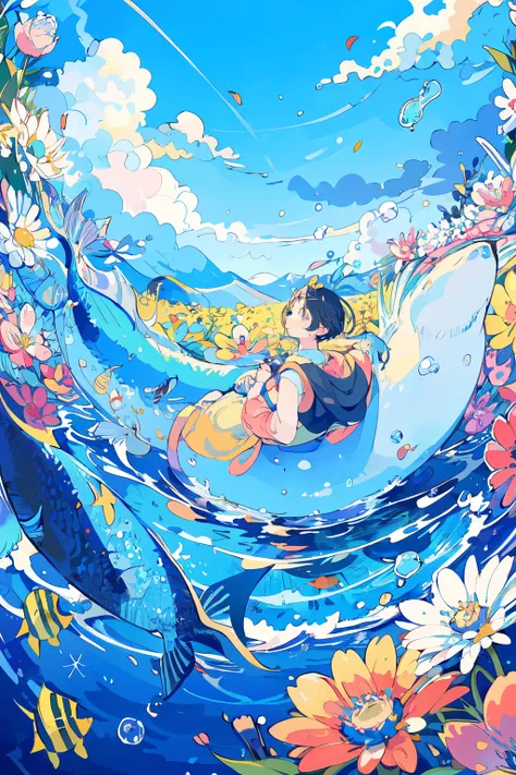 (masterpiece:1.2), highest quality,pixiv, 
fairytale style, one girl, cloud, alone, null, black hair, fish, flower, bubble, blue...