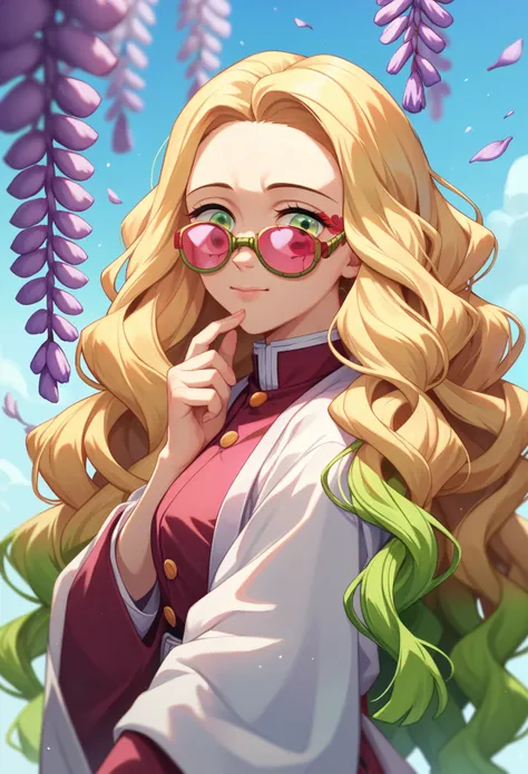 Kimetsu no Yaiba, a girl, pretty, blonde wavy hair, in Hanfu pink shades, wisteria.