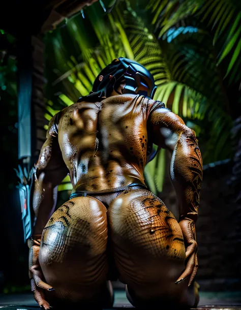 Female Yautja (the alien from the movie PREDATOR)))) (((Helmet on))) here seductively showing her beautiful cleavage In really revealing armor while on the hunt, perfect cleavage, the camera hyper realistic, (((Huge DDDD PERKY tits:1.0))) extremely detaile...