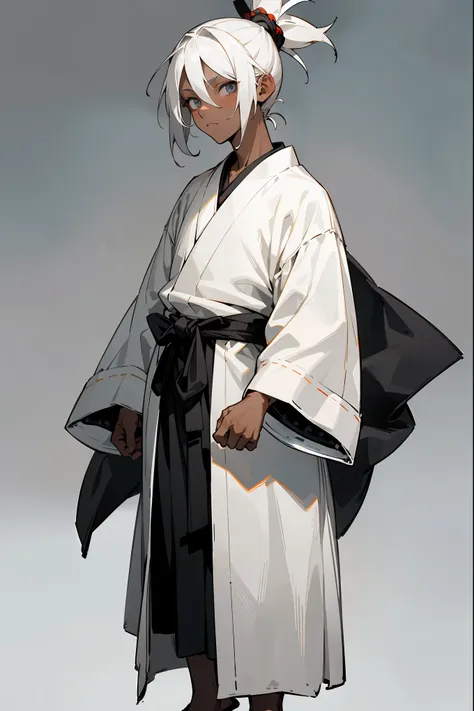 1boy, male focus, age 15, ((child,)) white hair, topknot, bright grey eyes, calm expression, white clothes, samurai robes, sandals, dark skin, hands to side, white room background, detailed background, detailed face, facing viewer, standing still