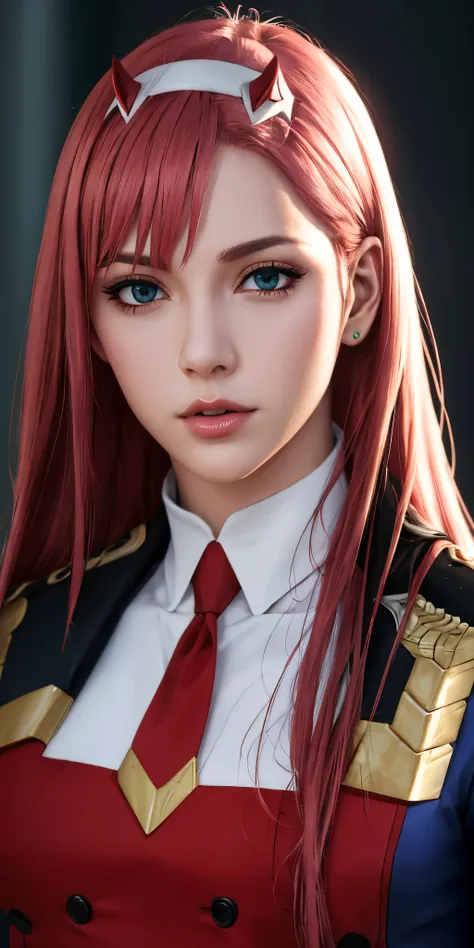 a beautiful highly detailed portrait of zero two from darling in the franxx, stunning detailed facial features, piercing eyes, d...