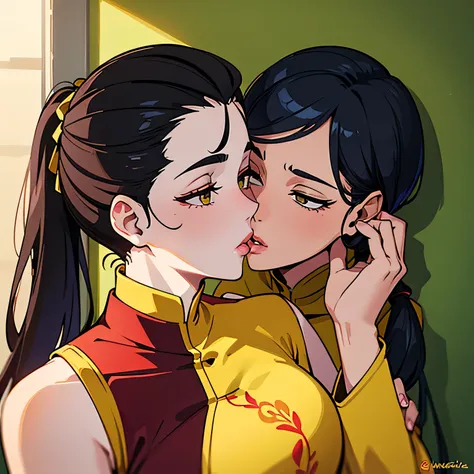 Amazing portrait of a sexy woman with her hair tied back in a low ponytail as she gazes at us seductively with her perfect lips parted for a kiss as shes pinned against the wall wearing a yellow kurta with floral embroidery