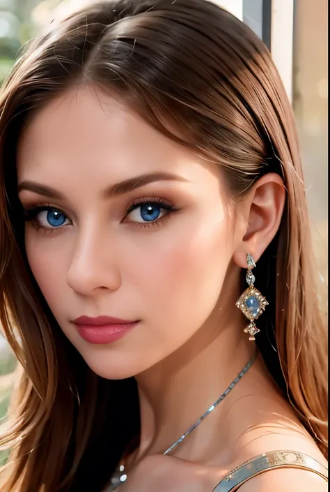 (masterpiece, Best Quality), intricate details, realist, photorealist, a close up of a woman wearing aretes, Mary R., inspired by Emma Andijewska, wrapped in crystals, silver color, long aretes, sandra chevier, huge earrings, 2019, Blue-eyed, platinum jewe...