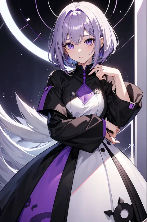 An anime girl with matte dark purple hair, almost white light gray eyes., a layered haircut that has bangs that cover his left eye completely, who has a mole above his lip and another mole below his eye. Who wears a short black top. (the background is a pu...