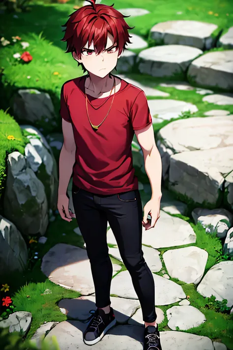 1boy, man, red hair, angry expression, ((gold eyes)), short hair, full body, hd, high quality, 4k, disgusted, 1boy, cave background, black jeans, red shirt, blacks shoes,dinamic pose, necklace with a star-shaped decoration around your neck, stand