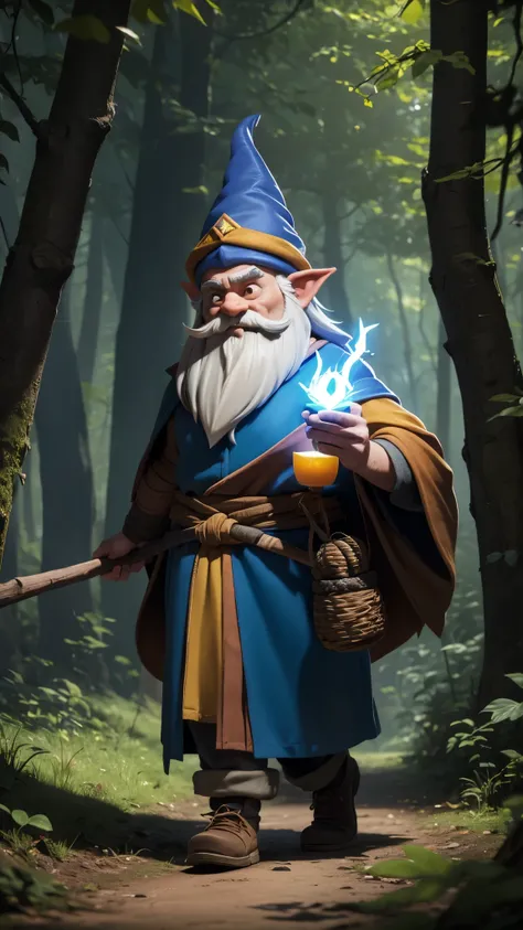 a man dressed as a gnome walking on the ground with a stick, wearing a yellow gnome robe, walking in the woods ,witch forest, male wizard, gnome druid, gnome wizard, tail wizard headdress, a mysterious spell-casting wizard, gnomon, drachenlord, spell-casti...