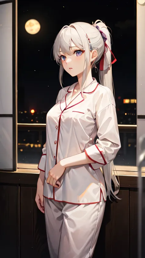 ((best quality)), ((masterpiece)), (detailed), 1girl, sexly,Fantasy,night,Standing by the window in a quiet room,White hair tied in a ponytail、Her purple eyes sparkle in the moonlight。She is wearing pajamas、The silence of the night and the moonlight create...