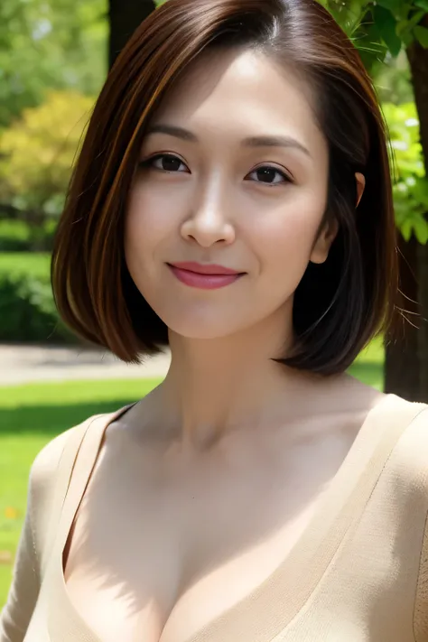 Dark brown hair, Light brown eyes, Japanese women, 40 years old, Intricate details, Upper body photo, (Detailed eyes), (Detailed facial features), Highest quality, Ultra-high resolution, 8k resolution, Written boundary depth, at the park, Medium sized brea...