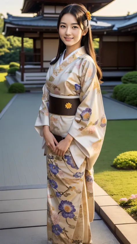 front view , ((full-body, standing on tatami), a japanese ancient girl, looking at viewer, beautiful japanese young general, gir...