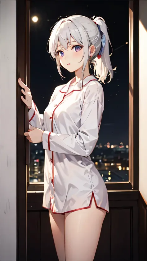 ((best quality)), ((masterpiece)), (detailed), 1girl, sexly,Fantasy,night,Standing by the window in a quiet room,White hair tied in a ponytail、Her purple eyes sparkle in the moonlight。She is wearing pajamas、The silence of the night and the moonlight create...