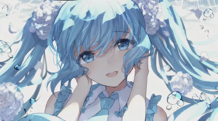 Anime Girl with blue hair and blue eyes in a blue dress, Anime cute art style, Anime style 4 k, Otashiro, Detailed digital anime art, extremely cute Anime Girl face, cute Anime Girl portraits, Digital Art on Pixiv, Anime style. 8K, cute Anime Girl, pretty ...