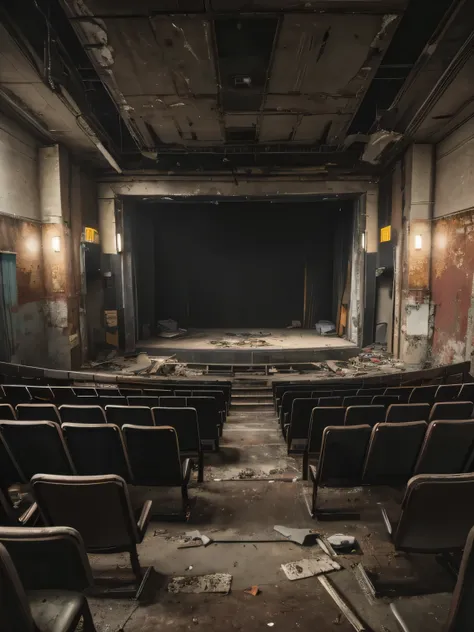 abandoned theater, broken theater chairs, peeled wall, cracked wall, fragment on the floor, graffiti wall, dusty air, dirty floor, messy atmosphere, with a walking space in the middle, with destroyed stage, abandoned building, peeling paint, theater chairs...