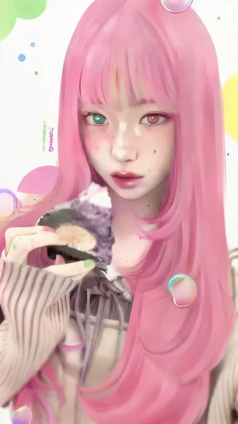 there is a woman with pink hair holding a piece of cake, kawaii realistic portrait, artwork in the style of guweiz, realistic 3d anime style, pink twintail hair and cyan eyes, realistic anime art style, inspired by Yanjun Cheng, Pink, with pink hair, Guwe...