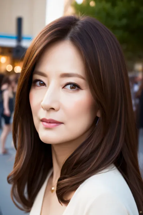 ((Highest quality、8k、masterpiece: 1.3))、Sharp Focus: 1.2、A bewitching mature woman aged 50: 1.4、)、In Street View、Highly detailed face and skin textures、Beautiful Eyes、(lips)、Dark Brown Hair.Flashy makeup