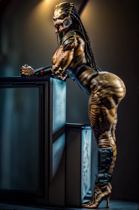 a beautiful detailed (((a Female Yautja (the alien from the movie PREDATOR)))) (((( In this photo here Showing off her perfect body and ass))))))))) with a front and back shot in very revealing armor)))))here seductively showing her big breasts, perfect cl...