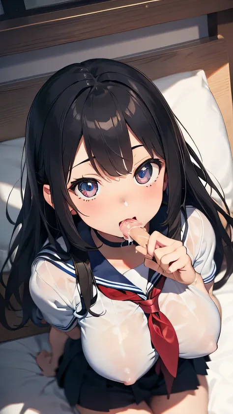 Very detailed CG Unity 8K 壁紙),(masterpiece), (Highest quality), (Very detailed), (Best illustrations),(Best Shadow), Fingering while Fellatio、Simulated fellatio、Dynamism,functional,sensuous,Large Breasts、Beautiful Eyes、Sailor suit、bed、orgasm、Climax、Drainin...