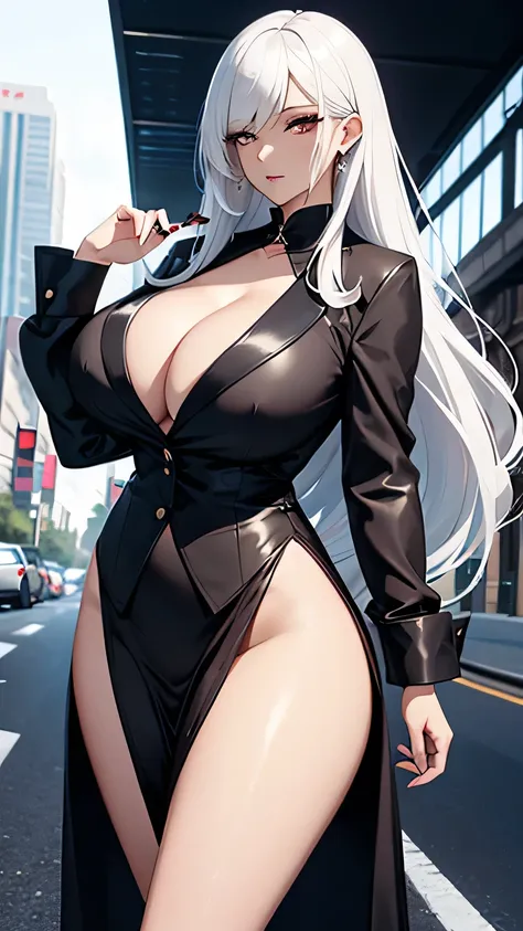 beautiful detailed female mafia boss, wearing high sexy office outfit and transparent robes, mini skirt thigh exposed, white hair, slender, large breast, massive cleavage exposed, huge buttock, walking in the highway arrogantly