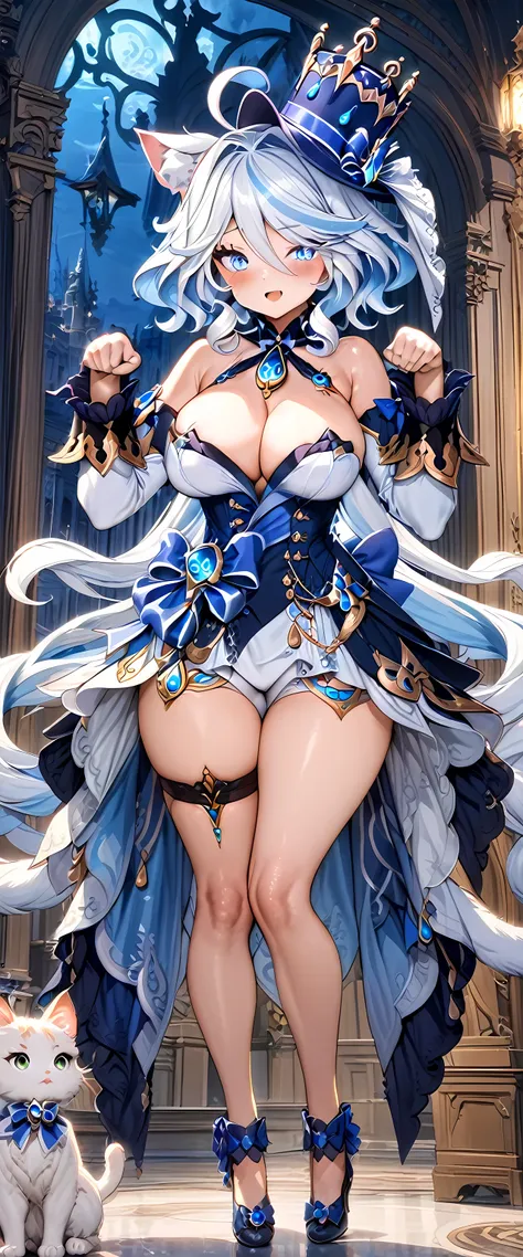 (masterpiece), best quality, expressive eyes, perfect face,1girl,furina,genshin impact,palace,night,castle wall,mirror,big breasts,curvy,blush,cleavage,cat girl,cat ears,cat tail,full body,strapless idol dress,bare shoulders,detached sleeves,navel,cute top...