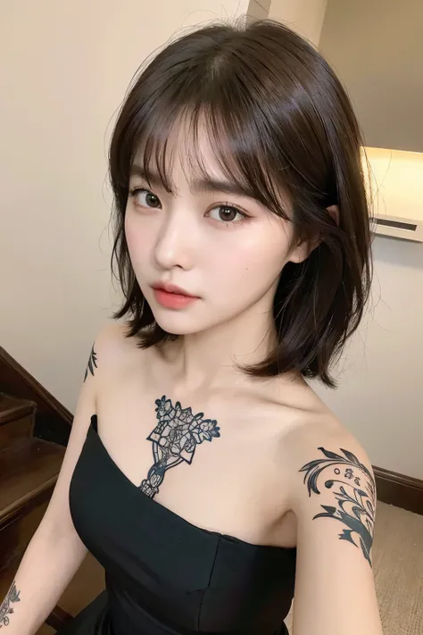 (Highest Quality, 8K, 32K, Masterpiece: 1.2), (High Resolution), (8K), (High Resolution), ((Tattoo on shoulder and arm)), Selfie angle, close-up, young woman, short bangs, shoulder-length brown hair, black dress with red ribbon, cute expression, brown eyes...