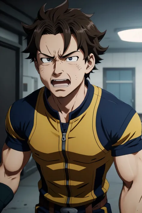 My Hero Academia screenshot. 
 with short wavy hair, light brown eyes and an angry expression. He&#39;s wearing the U uniform.For and in the background the school corridors 