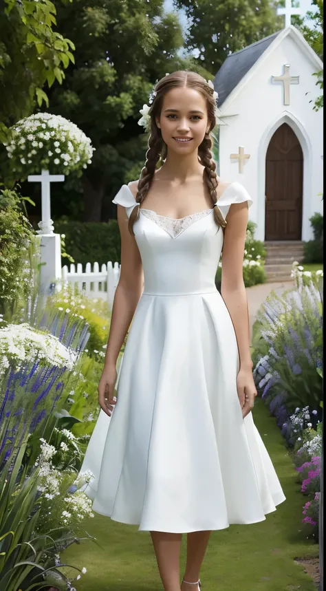 Foto hiperrealista en primer plano de Alicia Vikander, masterpiece, best quality, (photorealistic:1.4), full body, (white church dress:1.2), heels, garden cinematic light, beautiful woman, skinny, medium  breasts, two braids dark blond hair, detailed face,...