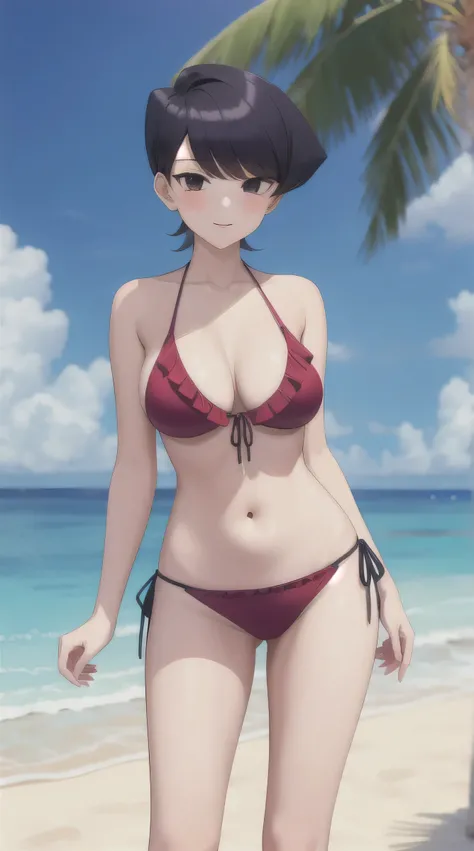 pixel-Komi-Shuuko, 1girl, solo 1girl, beach, front-tie bikini, frilled bikini, masterpiece, best quality