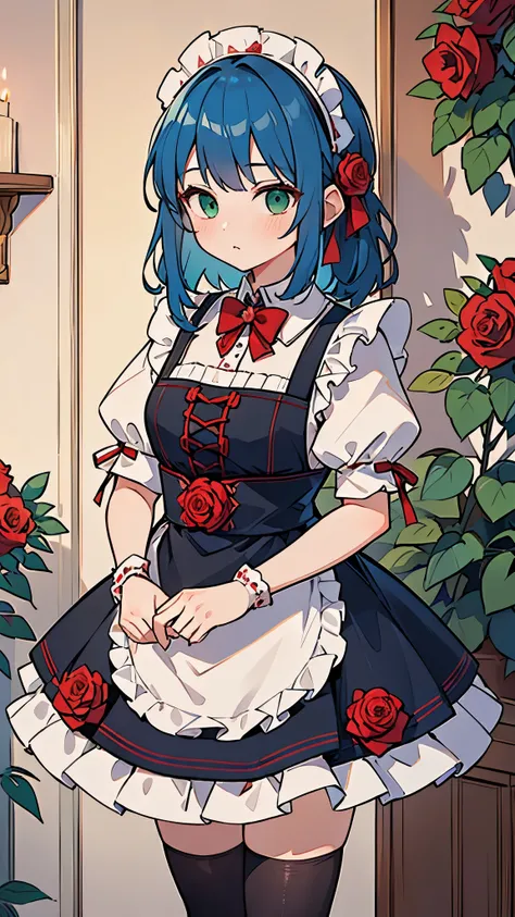 (((Highest quality))), (((masterpiece))), (((Ultra-detailed))),1 person,Blue Hair,Medium Hair,(Red roses in hair),(Rose patterned maid outfit),Green Eyes,17 years old,Black knee socks,Inside the maid café