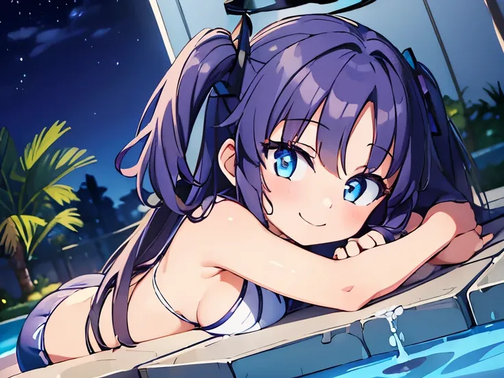 ((masterpiece)), ((best quality)), (ultra-detailed), pool, night, a cute girl, 1girl, solo, bikini, ((beautiful eyes)), smile