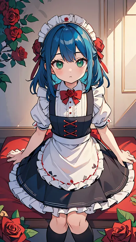 (((Highest quality))), (((masterpiece))), (((Ultra-detailed))),1 person,Blue Hair,Medium Hair,(Red roses in hair),(Rose patterned maid outfit),Green Eyes,17 years old,Black knee socks,Inside the maid café,sit